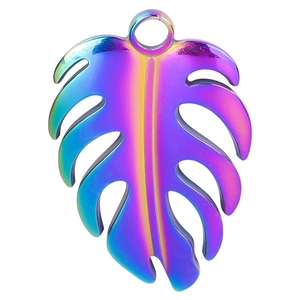 Detailed macro view of a monstera leaf pendant with a vibrant rainbow metallic finish