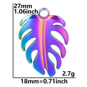 Macro view of rainbow PVD stainless steel leaf pendant showing 27x18mm dimensions