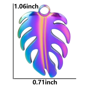 Rainbow monstera leaf pendant dimensions 1.06 x 0.71 inches in stainless steel