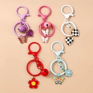 Fashion Zinc Alloy Bell Butterfly Heart Flower Keychain Pendant Checkerboard Bag Charm Decorative Gift For Women