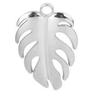 Detailed view of silver stainless steel monstera leaf pendant with metallic shine