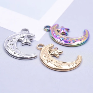Polished stainless steel moon and star charms in gold, silver and colorful finishes
