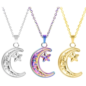 Three-color moon and star pendant necklaces in gold, silver, and rainbow steel finish
