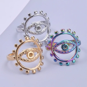 Three-piece stainless steel evil eye open rings in silver, gold, and rainbow finish