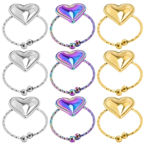 Vintage Stainless Steel Heart Ring Adjustable Open Band Gold Silver Rainbow Plating Metal Textured Jewelry For Men Women Accessories