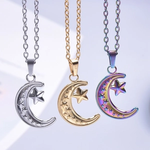 Chic stainless steel crescent moon and star necklaces in gold, silver and rainbow colors