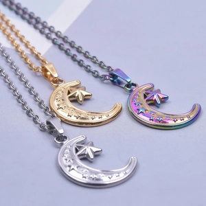 Star and moon stainless steel necklaces in gold, silver, and iridescent finishes