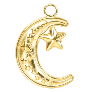 Detail of 18k gold plated stainless steel crescent moon and stars pendant with ring bail