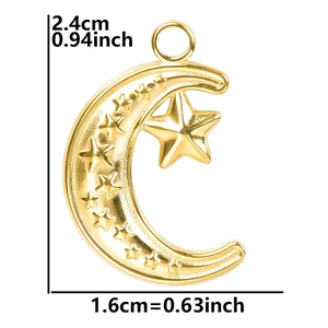 Detailed view of gold stainless steel moon and star pendant with size measurements