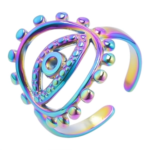 Macro detail of rainbow evil eye ring with adjustable band and studded textures