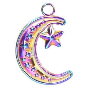 Detailed macro view of 18k rainbow plated moon and star pendant for DIY jewelry