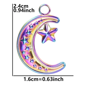 Rainbow-plated celestial pendant with star and crescent moon details measuring 2.4cm by 1.6cm