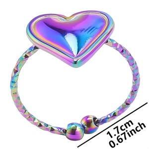 Detail view of rainbow heart ring with rope band and 1.7cm diameter dimension