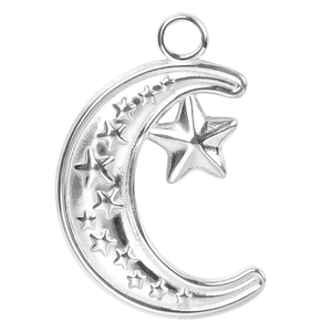 Macro shot of silver celestial moon and stars pendant with polished stainless steel finish