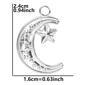 Detailed size specifications of moon and star pendant in polished stainless steel