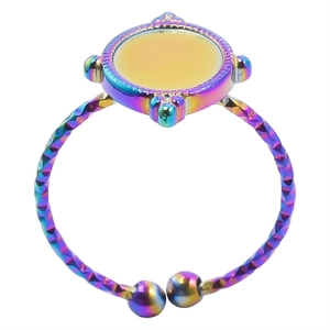 Macro detail of rainbow gradient adjustable open ring with diamond-cut texture finish
