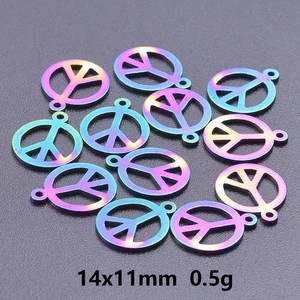 Macro shot of 14x11mm rainbow stainless steel peace sign charms for DIY jewelry making