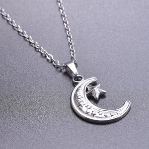 Macro shot of silver crescent moon and star pendant necklace in stainless steel