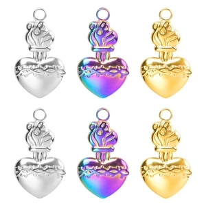 Collier Pendentif Sacré-Cœur en Acier Inoxydable pour Femme Gothique Religieux Cœur Flamme Épine Charme Collier Plaqué Or 18K Bijoux