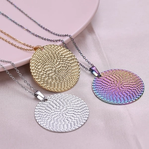 Textured round 18k gold plated stainless steel pendant necklaces in three metallic finishes