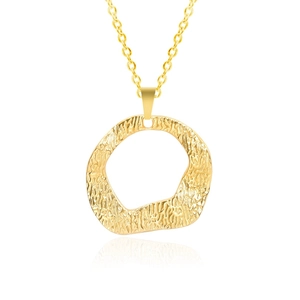 Detail of 18k gold plated hammered texture round pendant on a thin cross chain