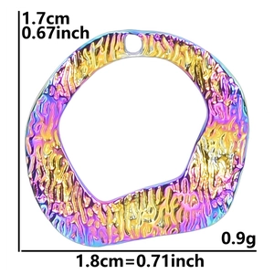 Detail view of iridescent geometry pendant showing 1.7cm size and 0.9g weight specifications