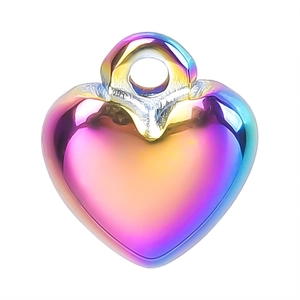Macro detail of heart pendant showing vibrant iridescent finish and top hanging hole