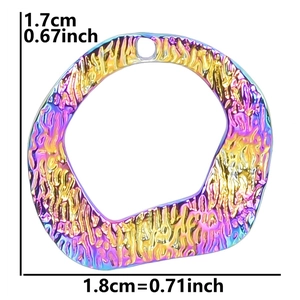 Irregular rainbow plated stainless steel charm with lava texture and 1.7x1.8cm dimensions