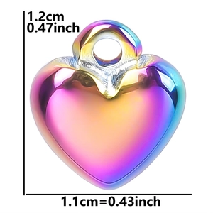 Macro shot of iridescent heart pendant with dimension measurements on white background