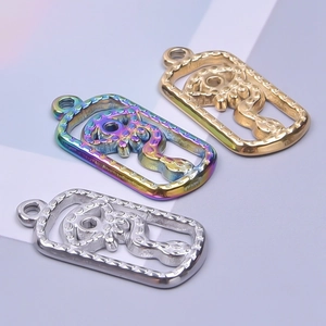 Three rectangular stainless steel dragon charms in gold, silver, and rainbow finishes