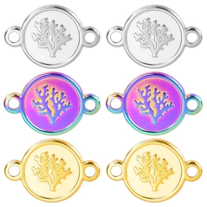 Stainless Steel Tree Coral Round Pendant Connector For DIY Necklace Bracelet Jewelry Making Accessories Rainbow Gold Silver Plate