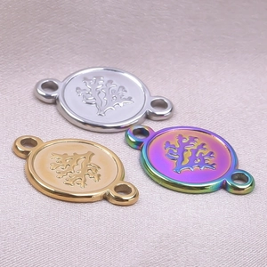 Polished stainless steel round charms with coral texture in silver, gold, and rainbow finish