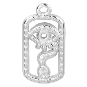 Macro detail of a silver stainless steel evil eye and coiled snake pendant design