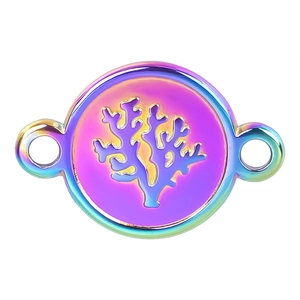 Iridescent stainless steel round coral pendant connector with rainbow gradient finish