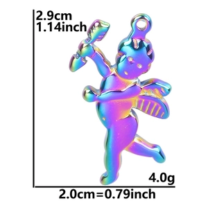Macro view showing dimensions of a colorful 18k plated stainless steel cupid pendant