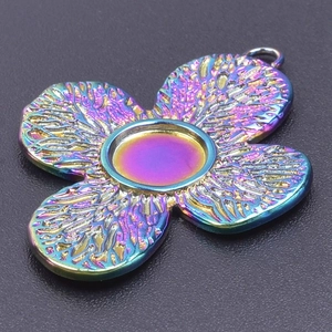 Rainbow-plated stainless steel flower pendant base with detailed petal textures for DIY jewelry