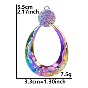 Detail of 18k gold plated teardrop pendant with colorful rhinestones and size measurements
