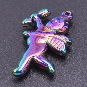 Macro view of Cupid angel pendant with rainbow iridescent finish and vacuum plating