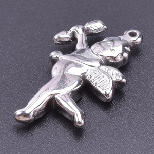 Macro view of silver Cupid angel pendant with bow and wings in polished stainless steel