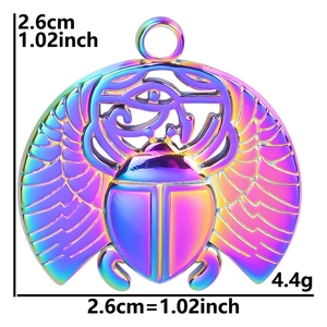 Macro detail of iridescent scarab pendant with eye of Horus design and dimensions