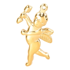 Polished 18k gold plated stainless steel Cupid angel pendant with bow and wing details