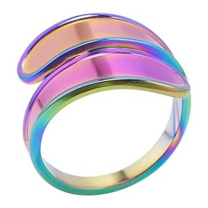 Detail of minimalist open ring featuring iridescent metallic coating and double layered arc