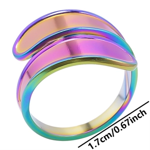 Macro detail of rainbow stainless steel geometric ring with adjustable double-layer design