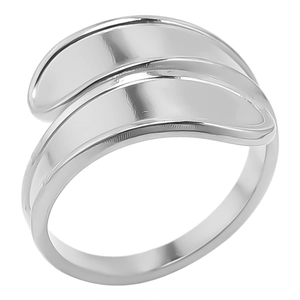 Macro detail of silver minimalist double-layer open stainless steel ring with polished finish