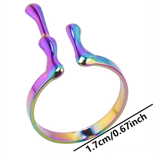 Detail view of 1.7cm rainbow iridescent stainless steel ring with wavy lava texture