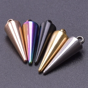 Detailed view of polished stainless steel cone pendants in five colors for DIY jewelry