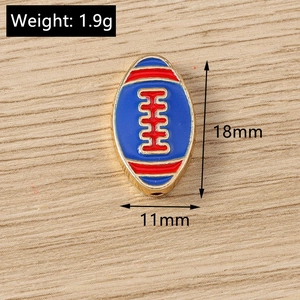 Detail view of red and blue enamel rugby pendants with 18mm height and 11mm width size