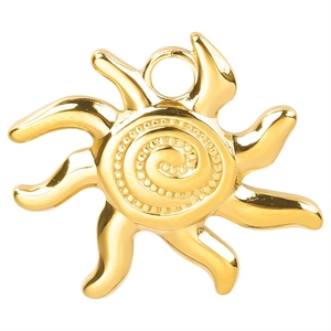 Detailed macro view of 18k gold plated sun pendant with spiral texture and radial rays