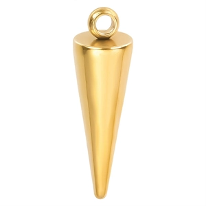 Polished golden stainless steel cone pendant with a smooth finish and top ring connector