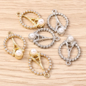 Eiffel Tower charms with rhinestones and pearls for DIY jewelry making in gold and silver